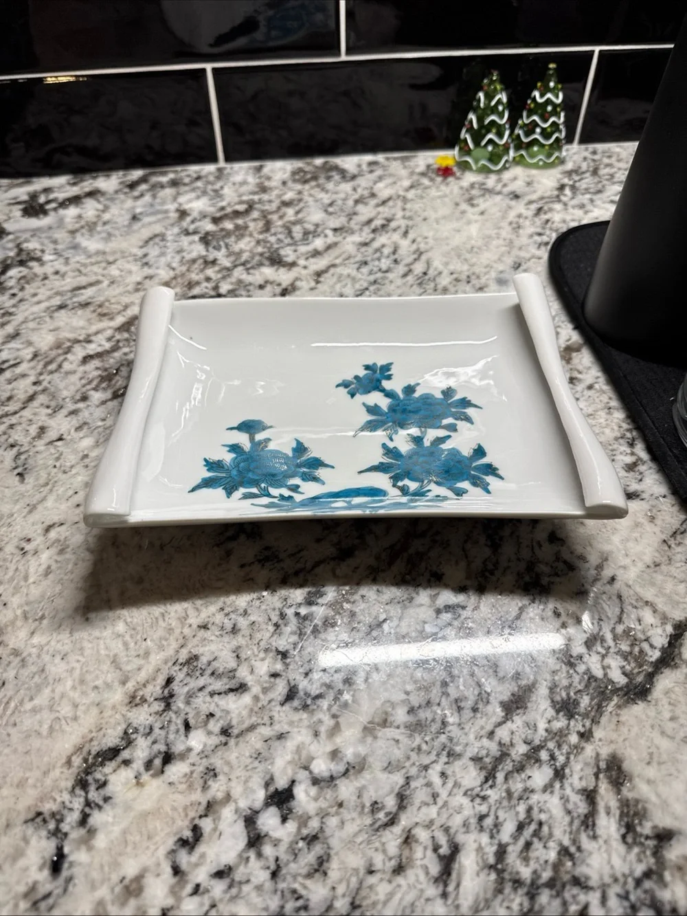 White Ceramic Serving Tray with Blue Floral Design - Elegant Home Dining